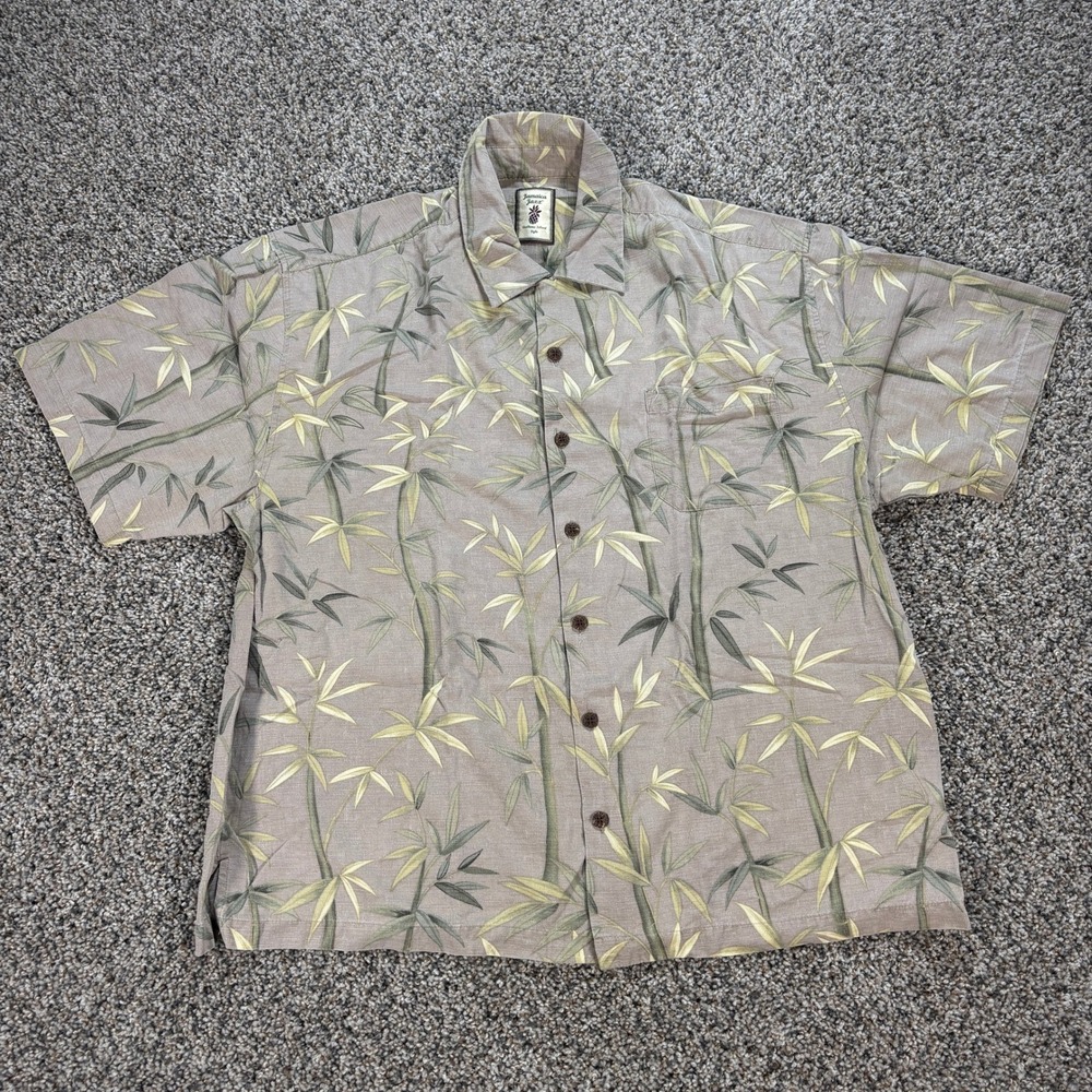 Jamaica Jaxx Mens XL Silk Bamboo Print Button Down Shirt Taupe Green Tropical